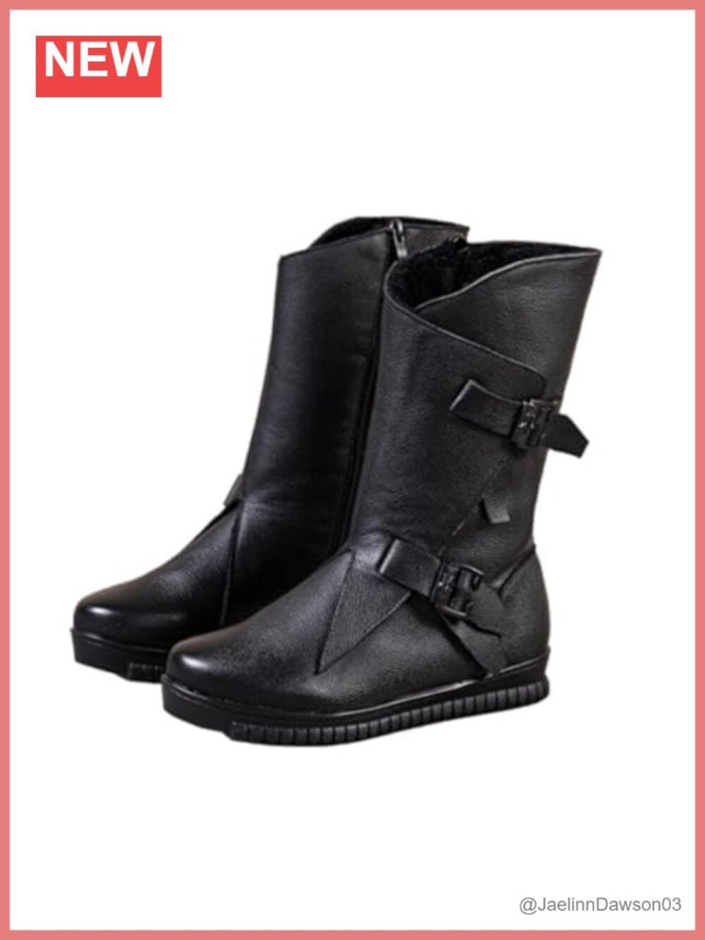 Women's Genuine Leather Mid Calf Boots Side Zipper Warm Fur Lined Double Belt